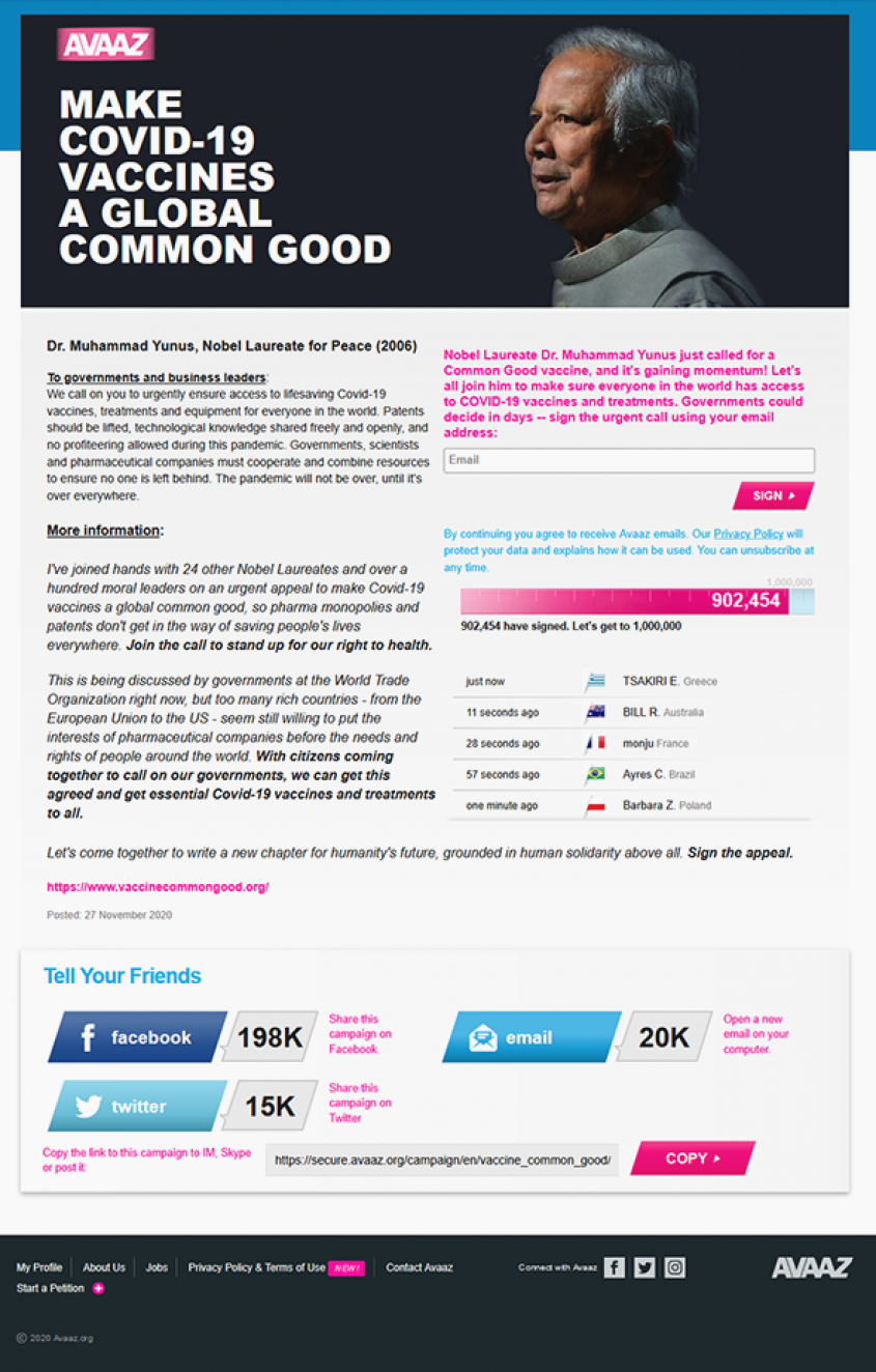 Your Support for the Campaign to Make COVID-19 Vaccines a Global Common Good Your Support for the Campaign to Make COVID-19 Vaccines a Global Common Good